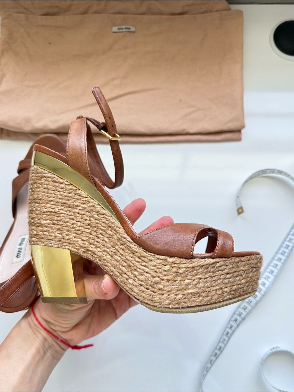 Miu Miu Espadrille Beige Leather Ankle-Strap Wedge